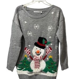 Notations Womens Long Sleeve Tunic Ugly Sweater Small Gray Snowmen‎ Christmas